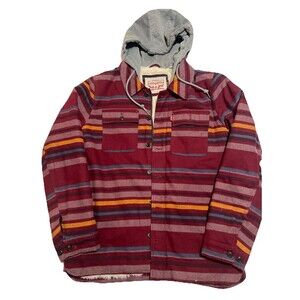 Levi’s Sherpa Lined Flannel Hoodie Shirt Jacket Red Stripe Medium Faux Fur Lined